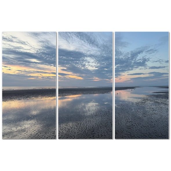 Made in UK Triptych Canvas featuring Clouds Reflection in Blackpool at Sunset. Three panel coastal sunset reflection on wet sand