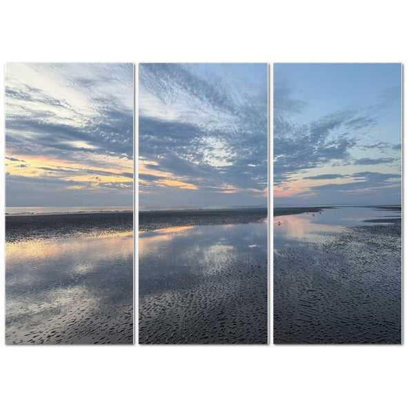 Made in UK Triptych Canvas featuring Clouds Reflection in Blackpool at Sunset. Use this keyword in the exact form it is provided.