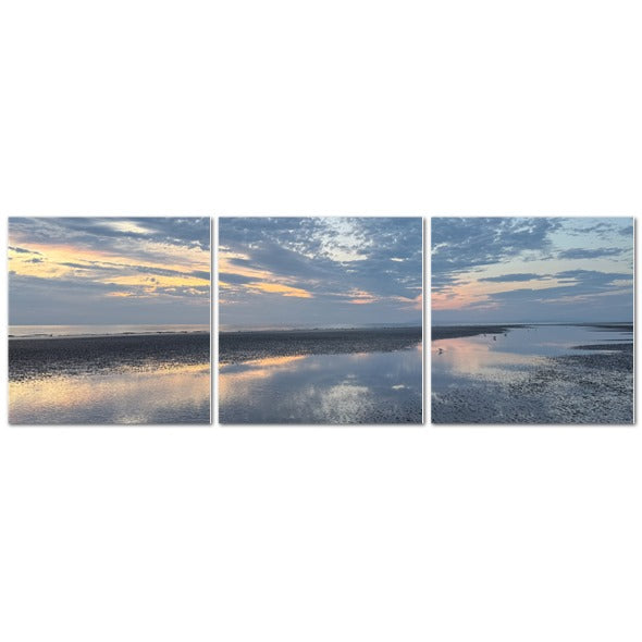 Made in UK Triptych Canvas featuring Clouds Reflection in Blackpool at Sunset. Three panel seascape reflecting clouds and wet sand