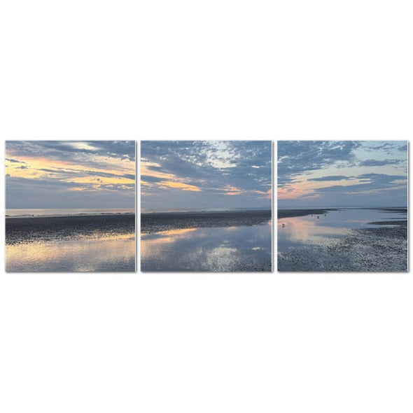Made in UK Triptych Canvas featuring Clouds Reflection in Blackpool at Sunset. wall art showing beach reflection in three panels