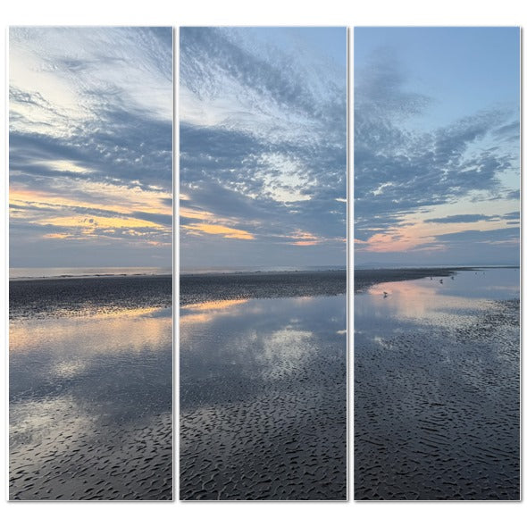 Made in UK Triptych Canvas featuring Clouds Reflection in Blackpool at Sunset. Showing wet sand reflections