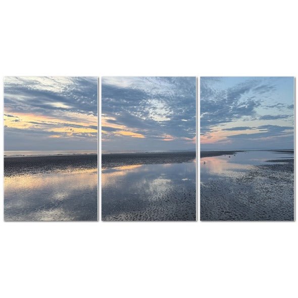Made in UK Triptych Canvas featuring Clouds Reflection in Blackpool at Sunset. Papis Canvas three panel beach and sky reflection