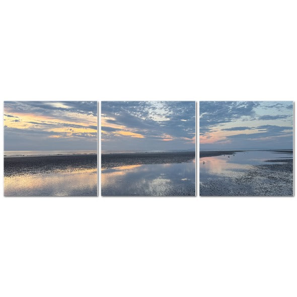 Made in UK Triptych Canvas featuring Clouds Reflection in Blackpool at Sunset. coastal wall art with pastel sky reflection