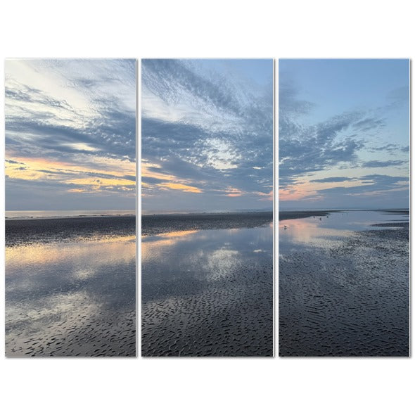 Made in UK Triptych Canvas featuring Clouds Reflection in Blackpool at Sunset. Three panel coastal reflection print