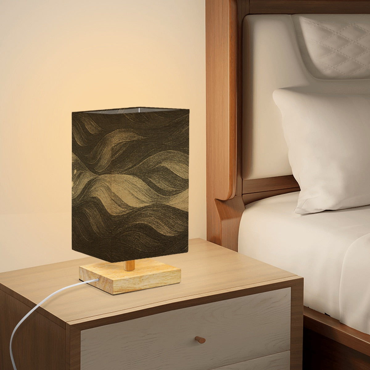 Square lamp featuring deep brown and gold currents on a linen shade, supported by a rubber wood base
