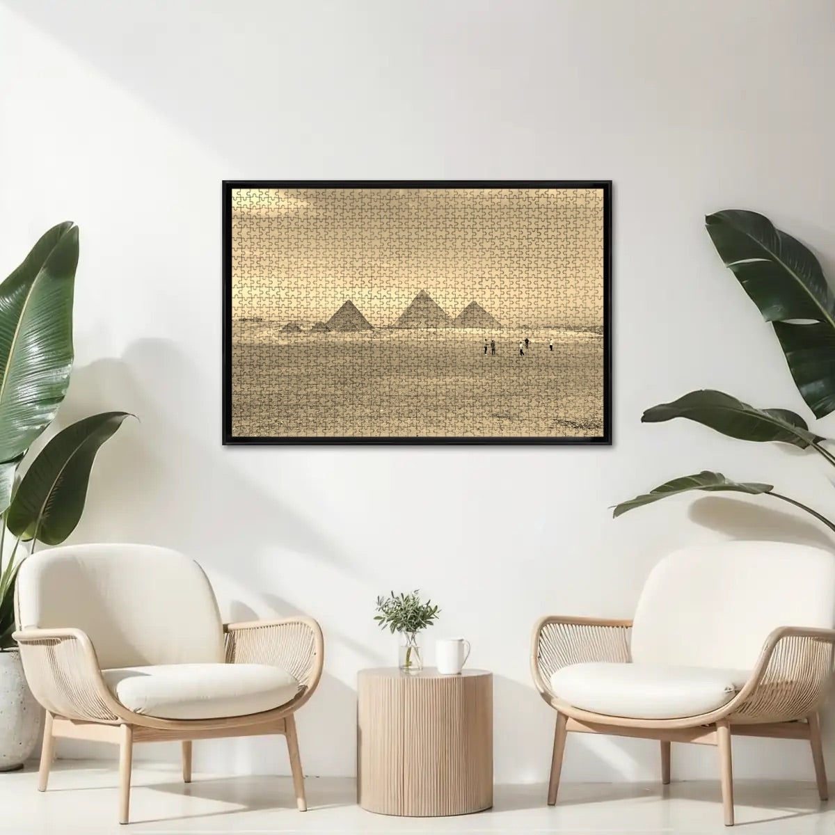 Sepia-toned image of the Pyramids of Giza, giving a warm, vintage aesthetic to the desert scene.