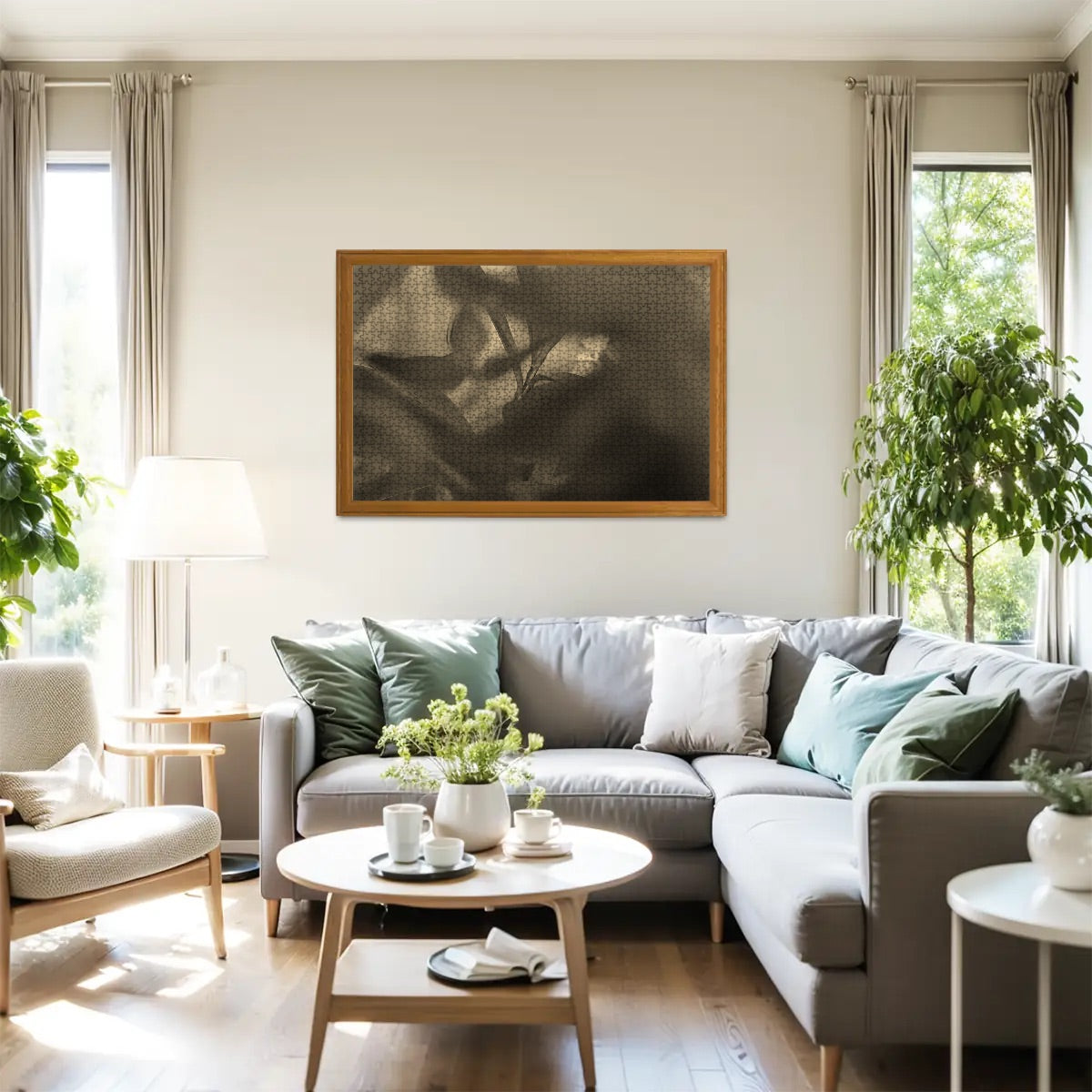 Sepia-toned puzzle of abstract red and green foliage, warm vintage photography style