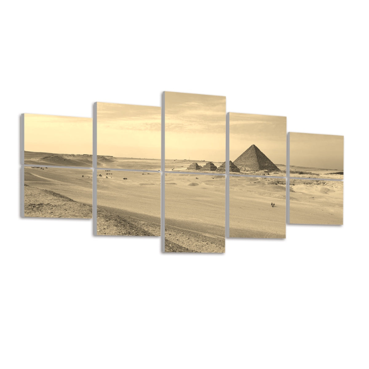Ten panels bathing the pyramid and desert in warm brown and amber tones for a nostalgic effect