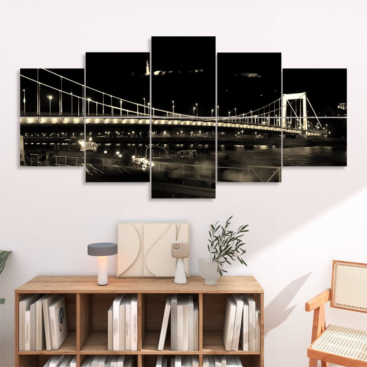 Sepia-toned version of a city bridge at night with warm lighting and river reflections, displayed over 10 decorative sound absorbing panels.