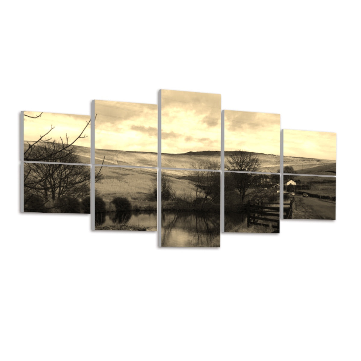 Sepia-toned country landscape with soft hills, trees, and a still pond displayed over 10 acoustic panels in warm vintage tones.