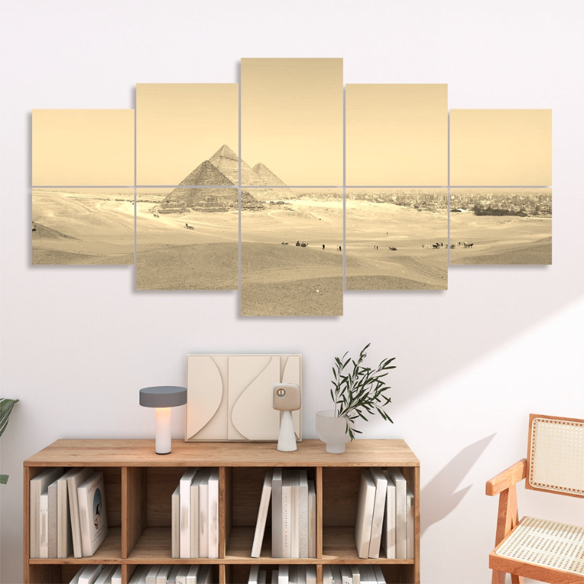 Sepia-toned desert landscape featuring distant pyramids with warm vintage hues, split across 10 decorative acoustic panels.