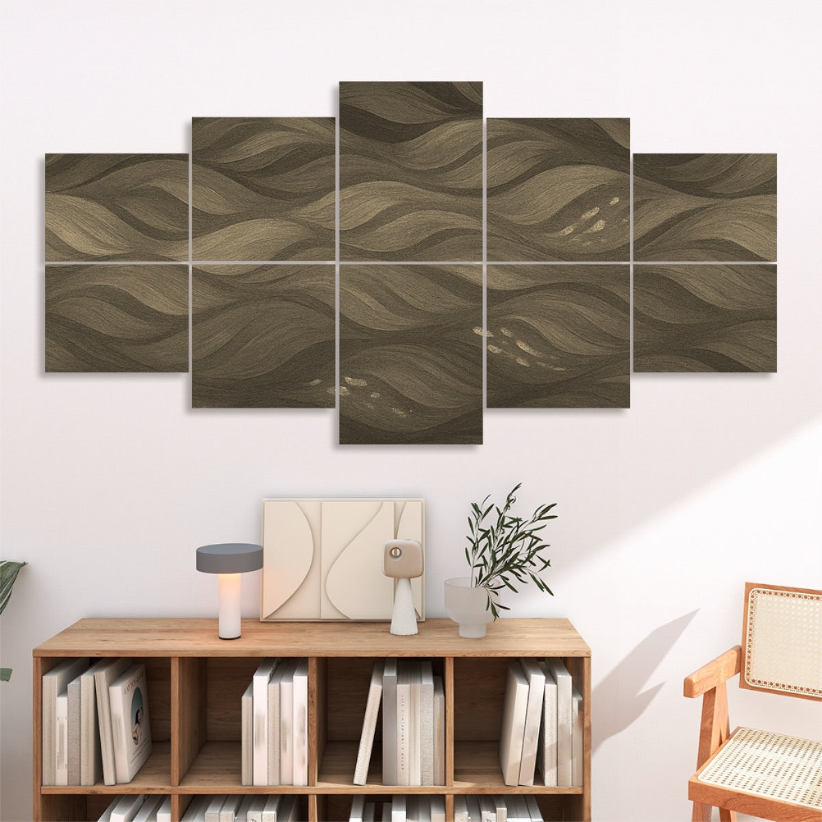 Sepia version of Gilded Amethyst Currents with earthy waves and vintage tone arranged over ten panels in a softly lit room.