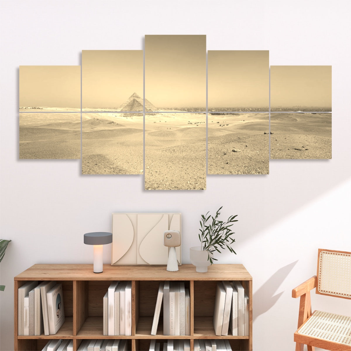 Ten panels hung in a 2×5 formation, bathing the Giza horizon in warm brown and cream hues