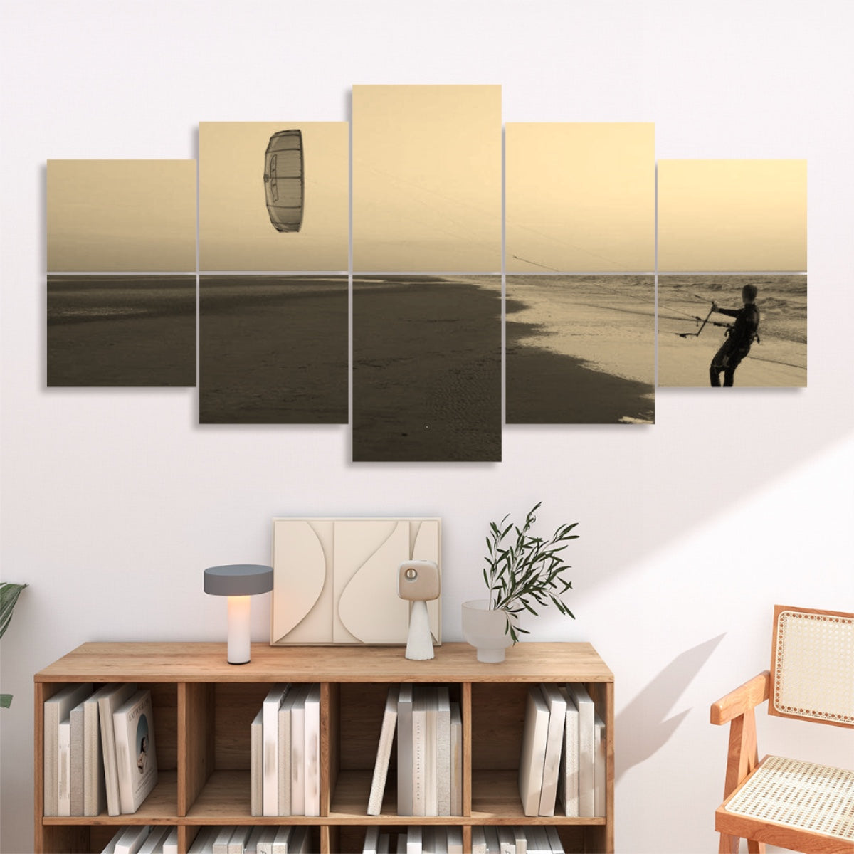 Ten panels mounted in two rows bathing the kitesurfer and shoreline in warm tan and cream tones