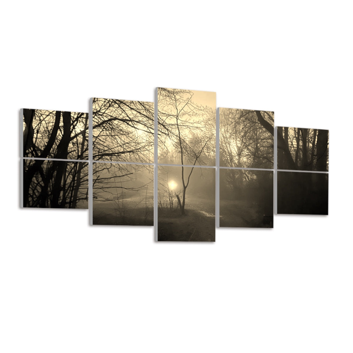 Warm sepia tones wash over the misty forest. Dark brown branches reach into a golden-beige sky. The orb glows like an amber light above a winding path, which rests amid soft russet-hued undergrowth. The sepia wash gives the scene a softly nostalgic, timeless feel