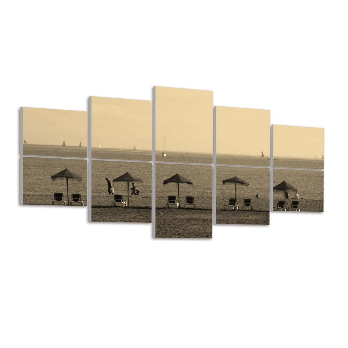 10 panels in sepia tones of a Málaga beach with straw umbrellas lounge chairs and distant sailboats, angled view