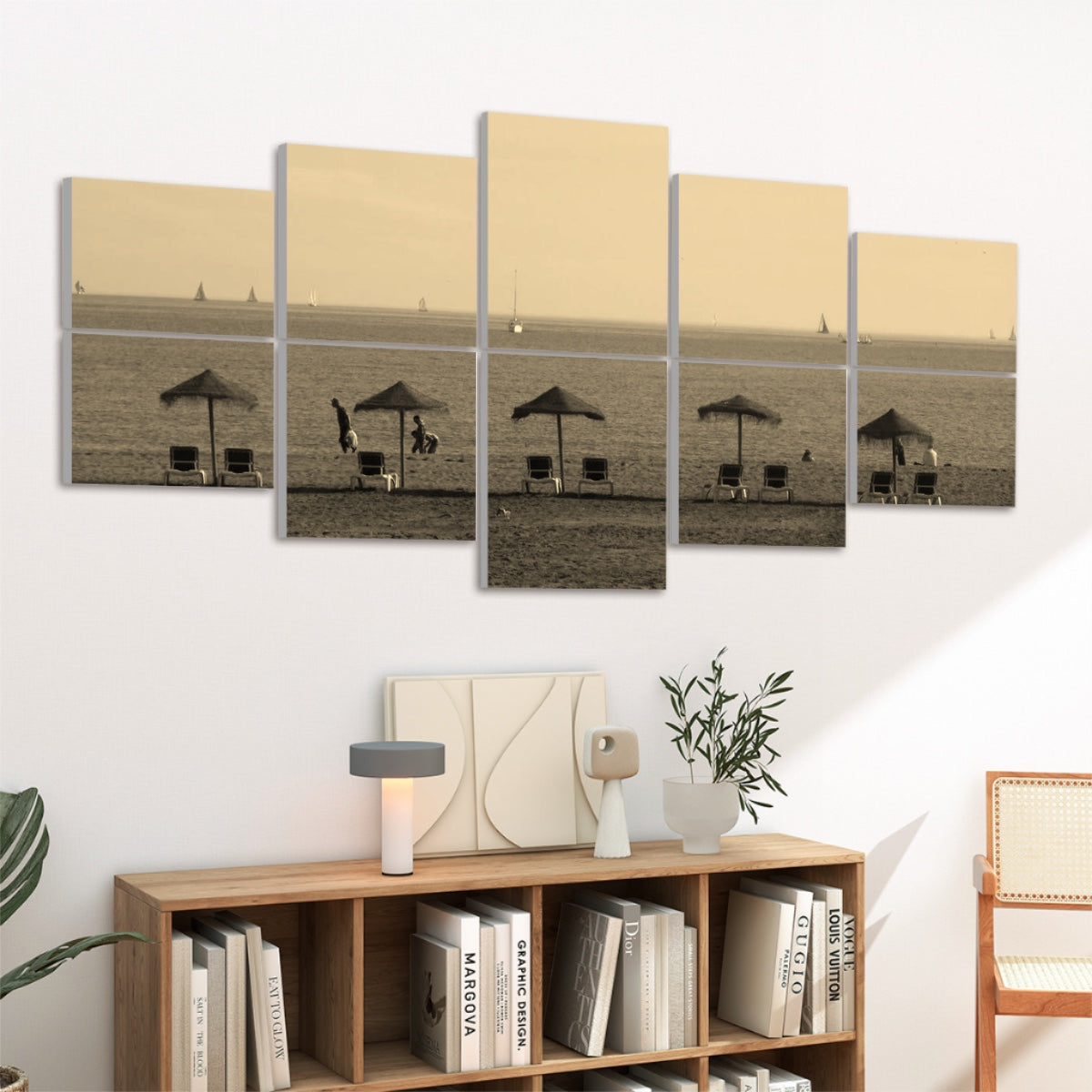 10 panels in sepia tones of a Málaga beach with straw umbrellas lounge chairs and distant sailboats, angled view