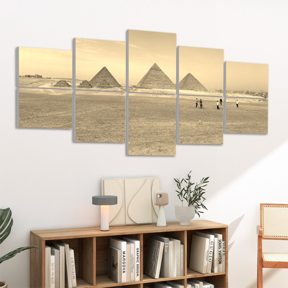Sepia-toned desert view of the Giza pyramids with warm, aged atmosphere