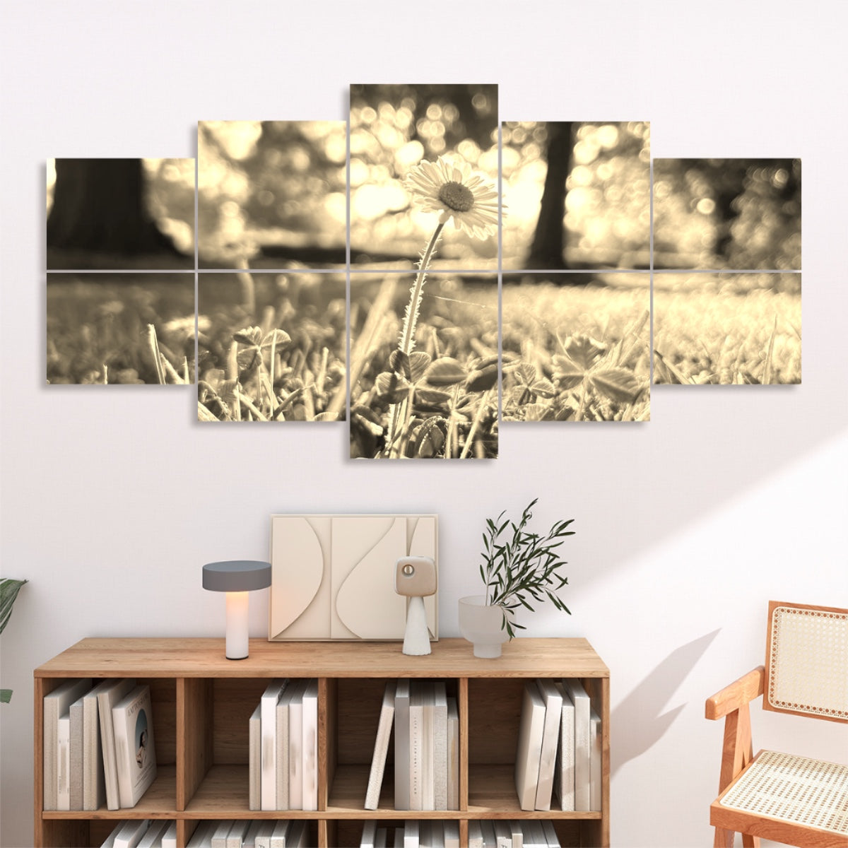 Sepia-toned image of a daisy lit by warm sunlight, surrounded by clover and golden grass, arranged across 10 acoustic panels.
