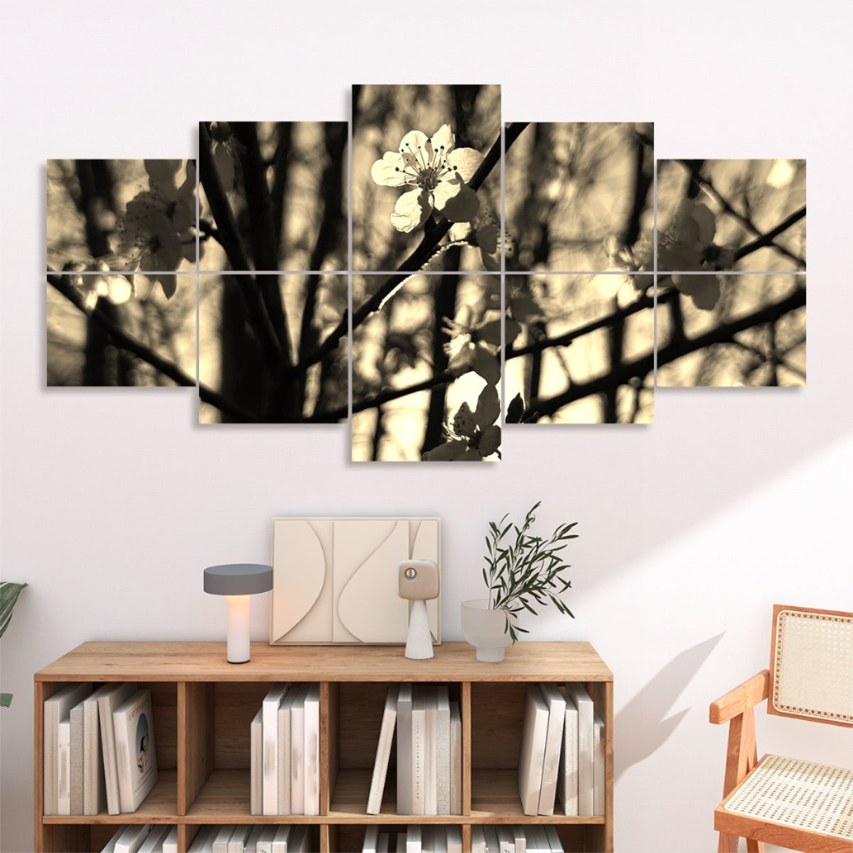 Sepia-toned version of glowing white flowers on dark tree branches, arranged across 10 decorative sound absorbing wall panels with a vintage, warm character.