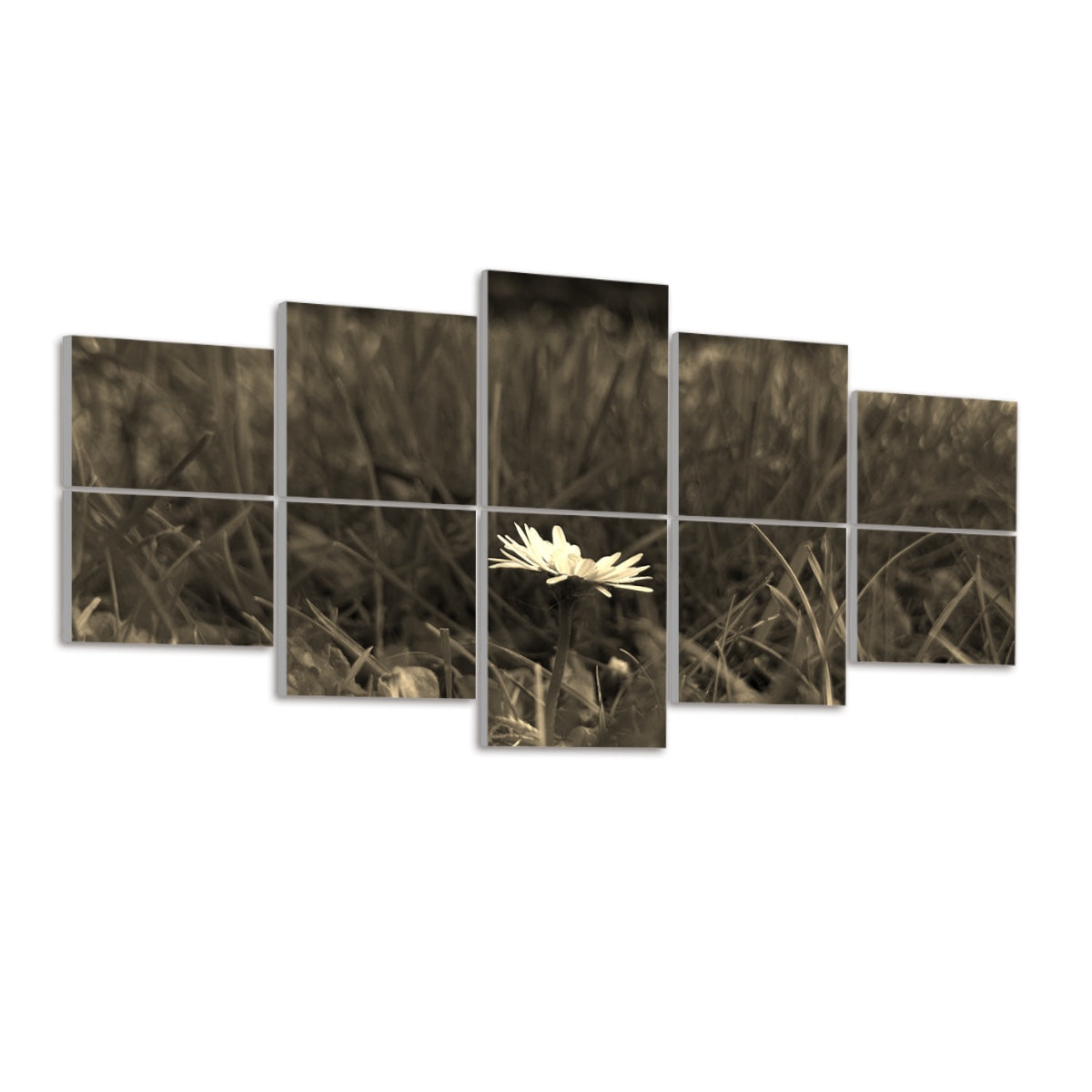 Ten panels hung in two rows wash the meadow scene in warm brown and cream on a white wall