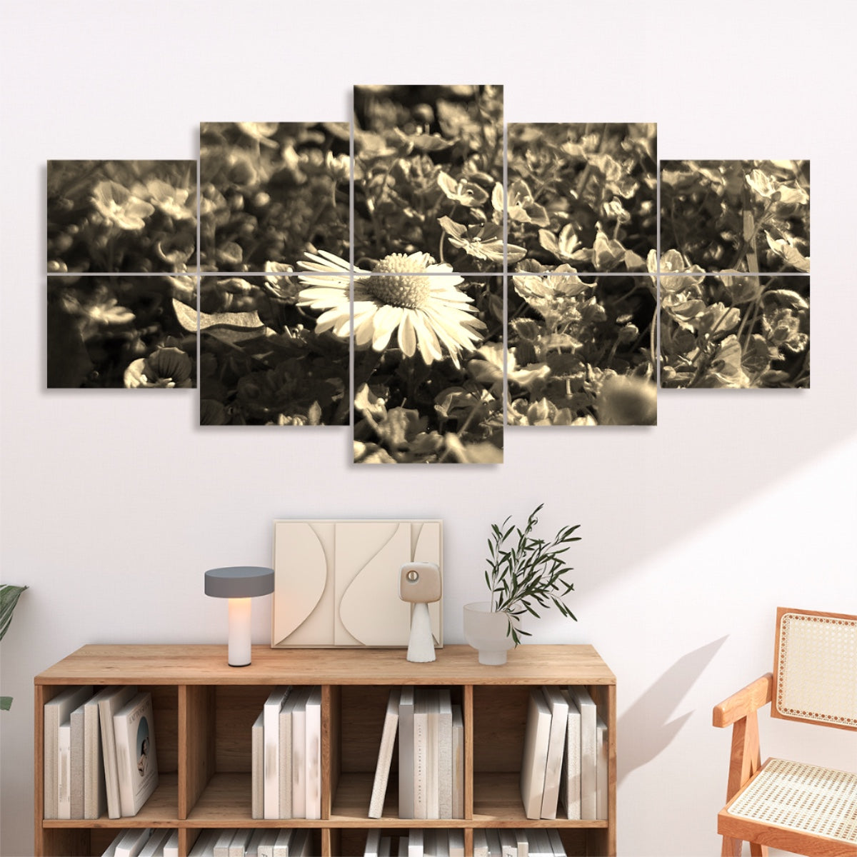 Sepia-toned version of a daisy and surrounding violet blooms, spread across 10 floral sound absorbing panels in warm vintage tones.
