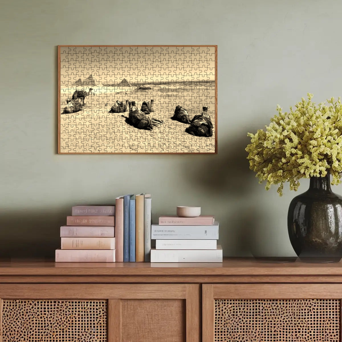 Sepia-toned basswood puzzle of camels and pyramids in Egyptian desert, 300-piece edition