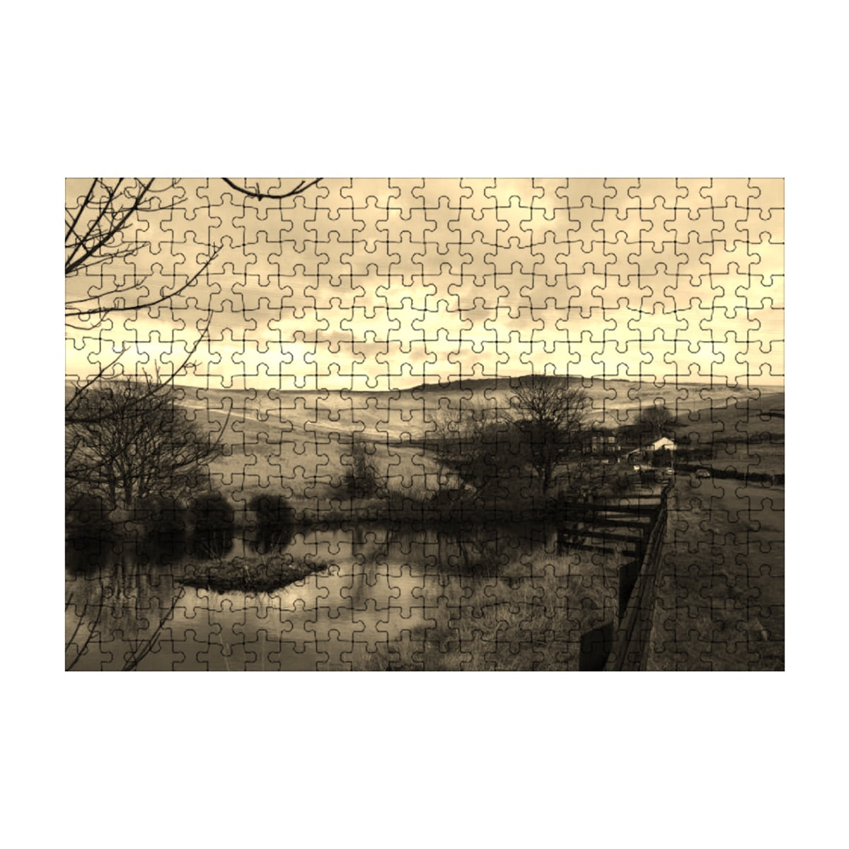 Sepia-style puzzle with golden nostalgic hue, soft trees, and a vintage atmosphere