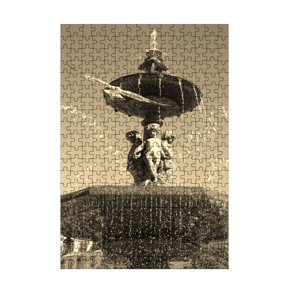 300-piece basswood jigsaw puzzle in sepia tones showing a seagull flying in Lisbon with a sky and fountain backdrop, size 15" x 10.2"