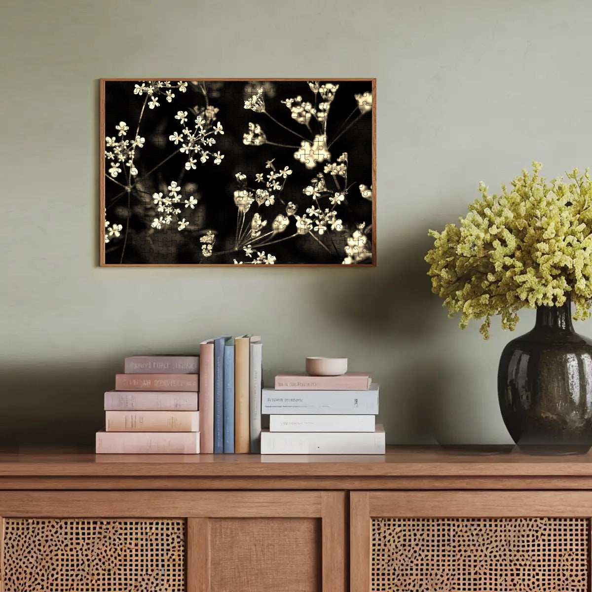 Sepia-toned 300-piece basswood puzzle with a gentle, vintage floral design in warm tones.