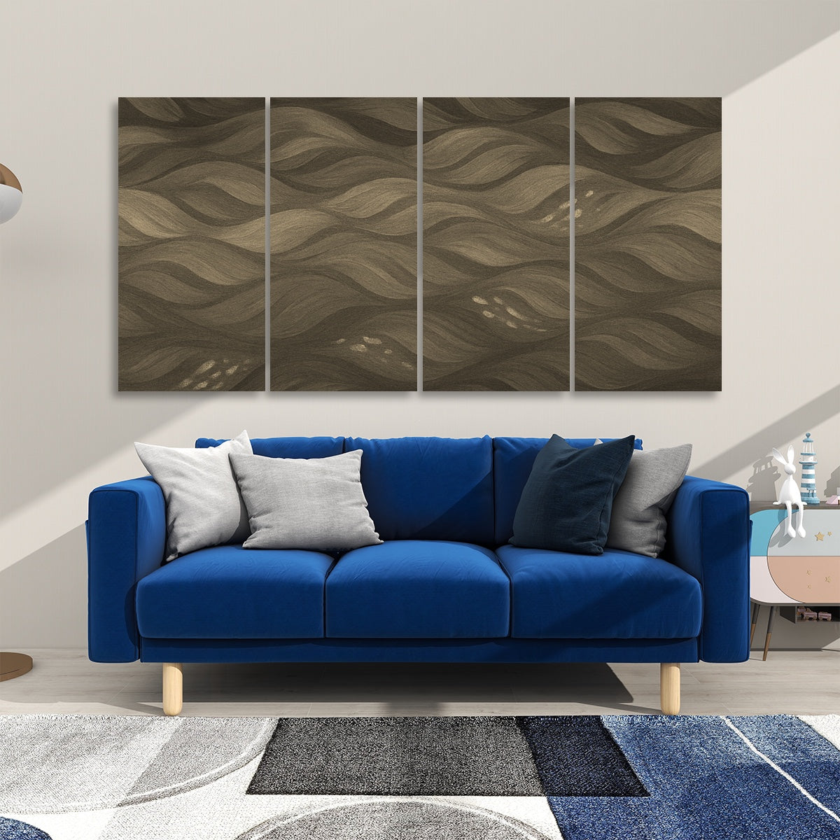 Sepia-toned Gilded Amethyst Currents artwork spanning 4 acoustic panels with warm, vintage ambiance