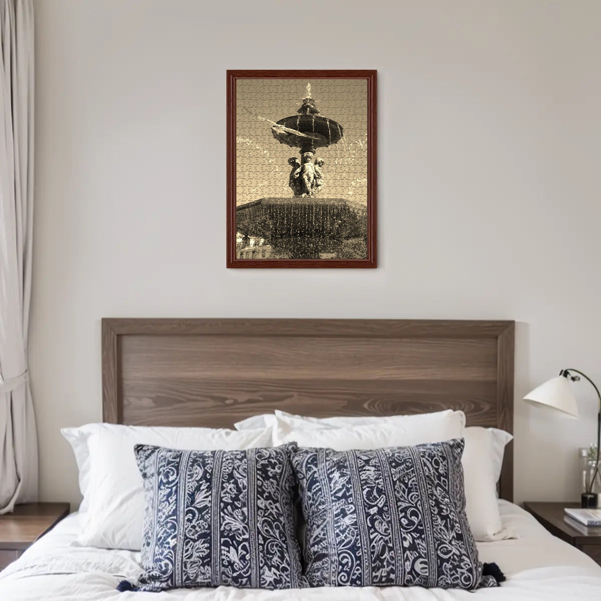 500-piece basswood jigsaw puzzle in sepia tones showing a seagull flying toward the camera in Lisbon with fountain and sky, size 20.5" x 15"