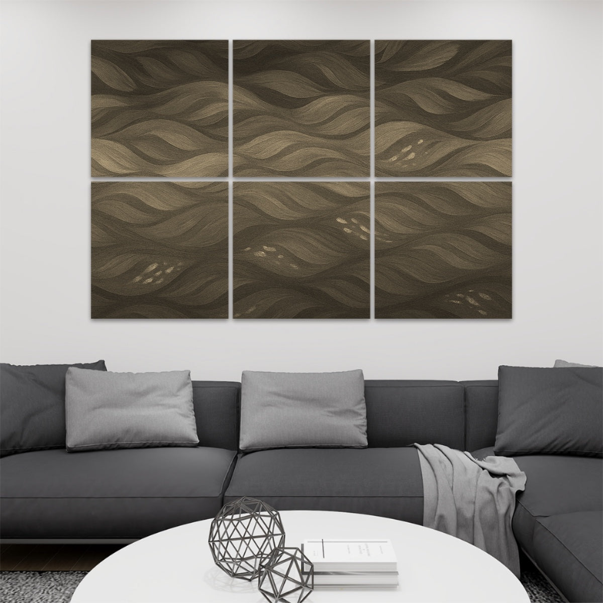 Sepia version of Gilded Amethyst Currents in 6 acoustic panels offering a mellow, vintage tone