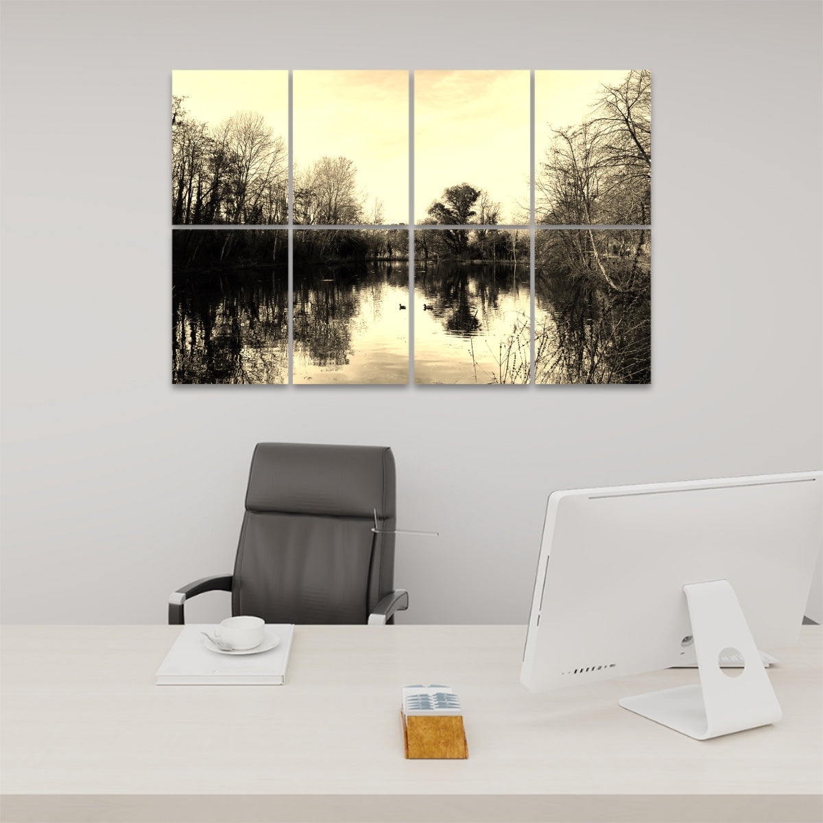 Sepia-toned acoustic panels depicting a tranquil lake with ducks, winter trees, and warm vintage light, split across 8 decorative wall panels.