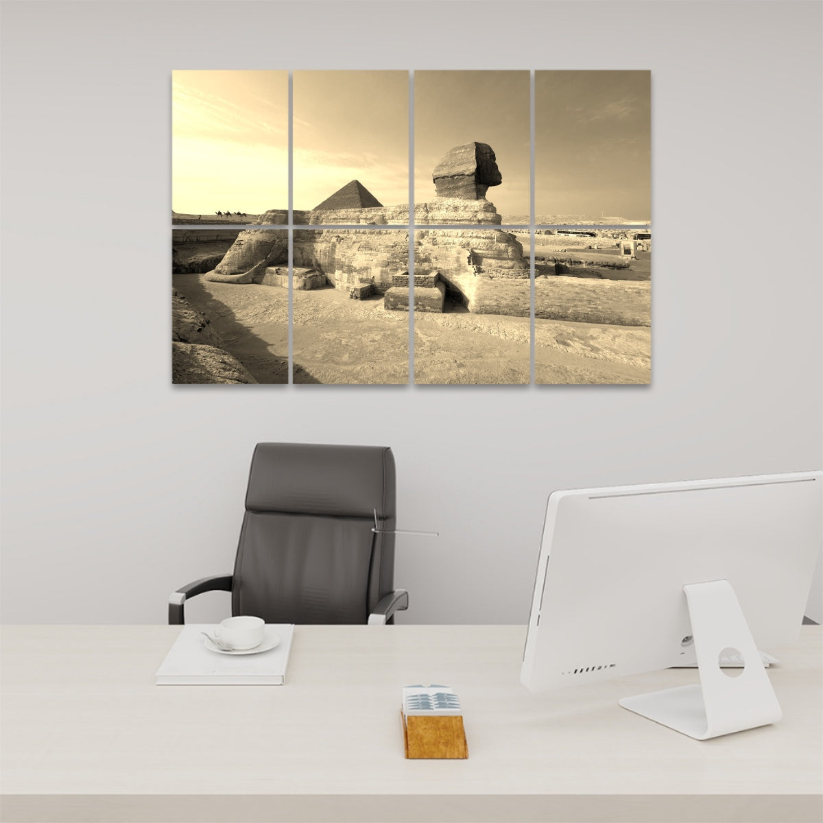 Sepia-toned sound absorbing wall panels showing the Sphinx in profile and the Pyramid of Khufu in a warm, vintage desert palette.