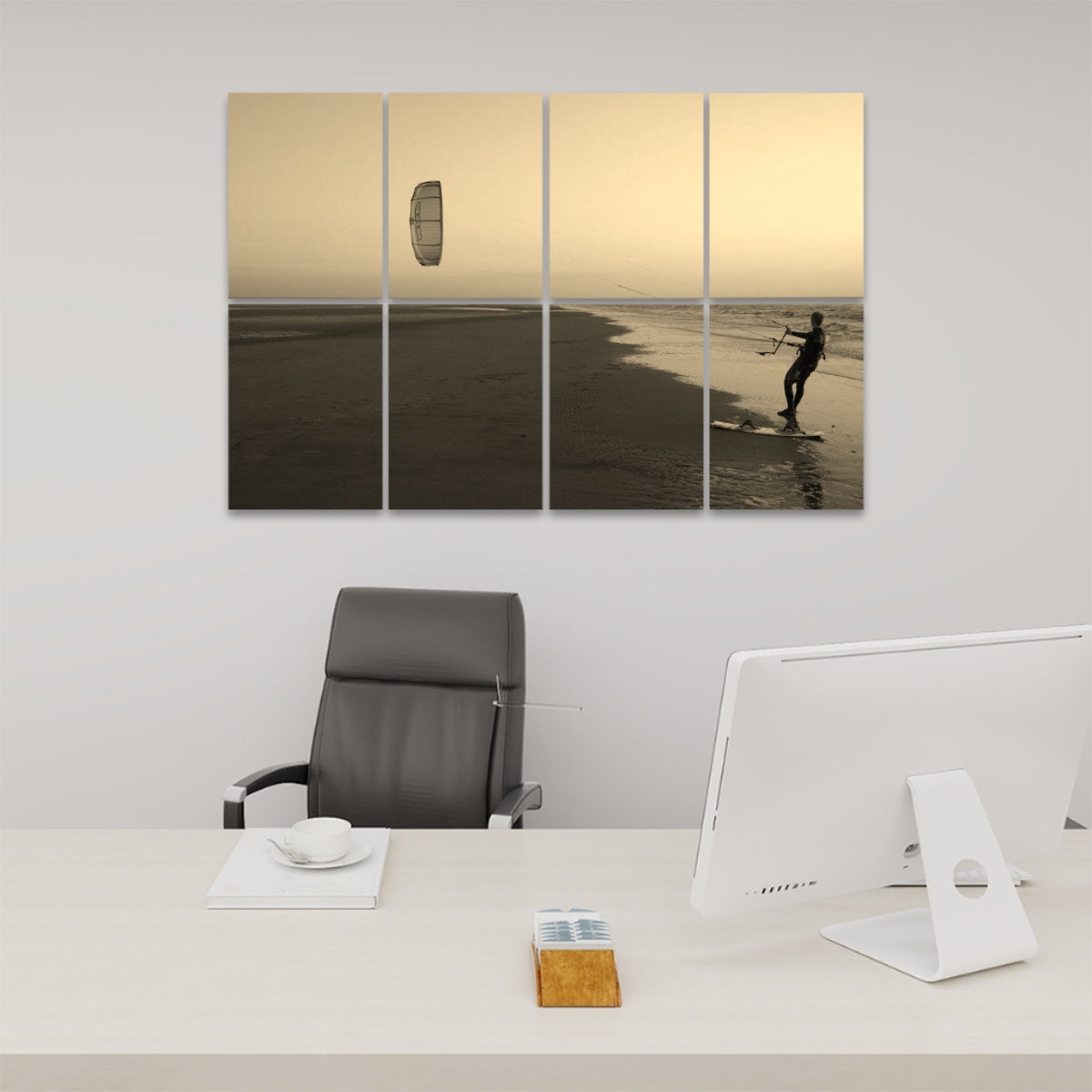 Sepia-toned image of a lone kitesurfer at sunset with warm sand and soft sky, printed on 8 decorative sound absorbing panels.