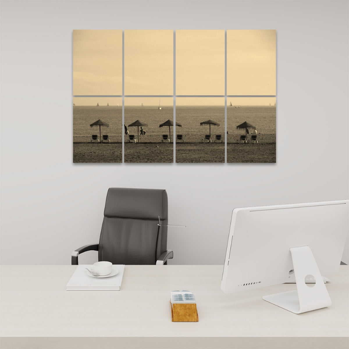 Sepia-toned acoustic wall panels showing a quiet beach and ocean scene with vintage warmth, straw umbrellas, and lounge chairs in soft golden light.