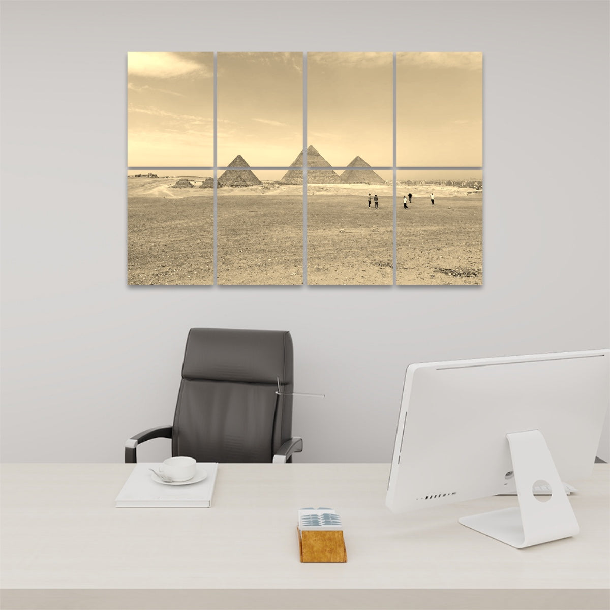 Aged sepia-tone view of the pyramids with figures in the sand, offering a nostalgic mood across 8 decorative acoustic panels.