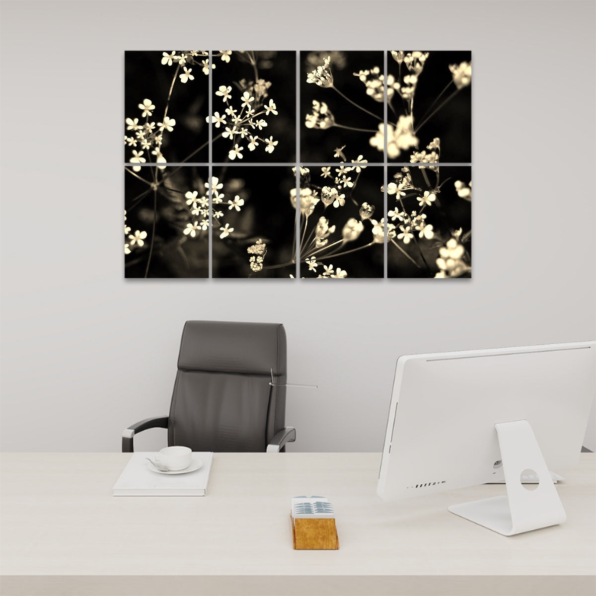 Sepia-toned acoustic panels featuring white wildflowers in a warm, vintage-inspired field of soft light and gentle shadows.