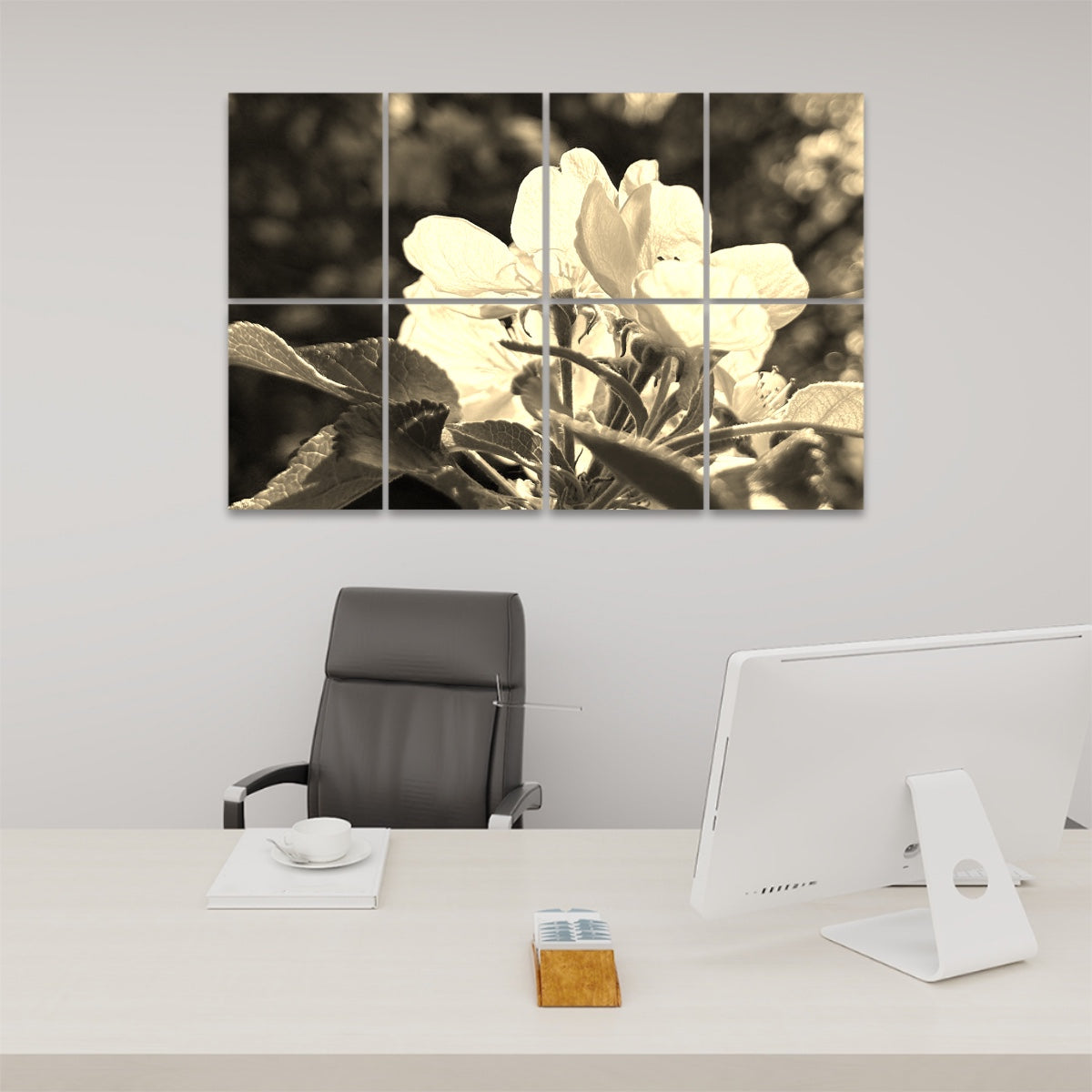 Sepia-tinted floral wall art showing soft white blossoms and sunlit leaves with warm vintage tones on 8 acoustic panels.