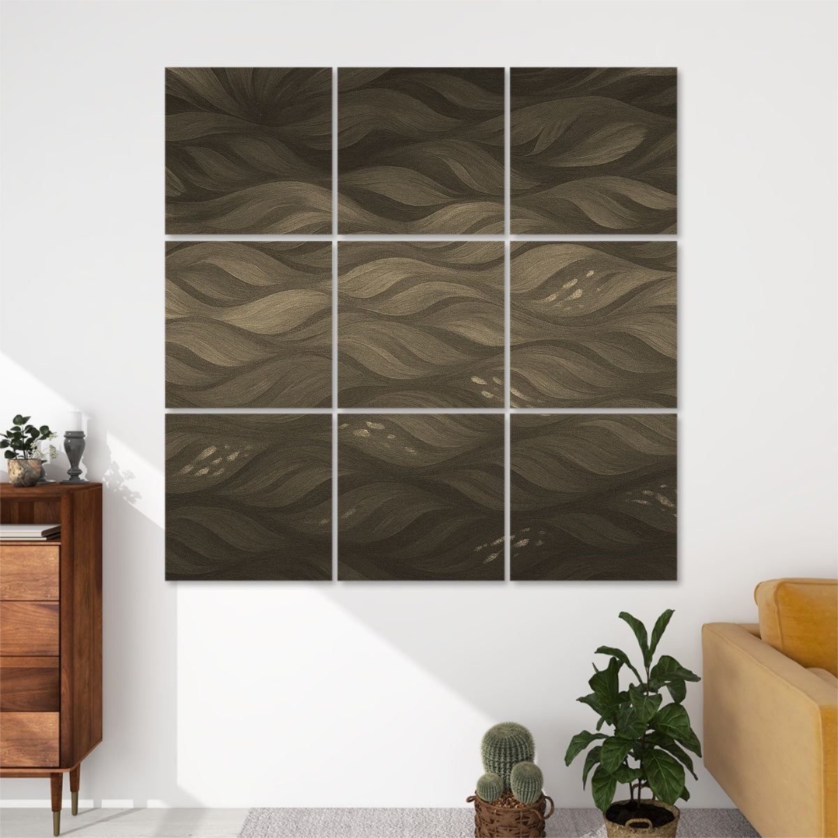 Nine panels in soft brown and cream hues, hung in a square formation on a white wall