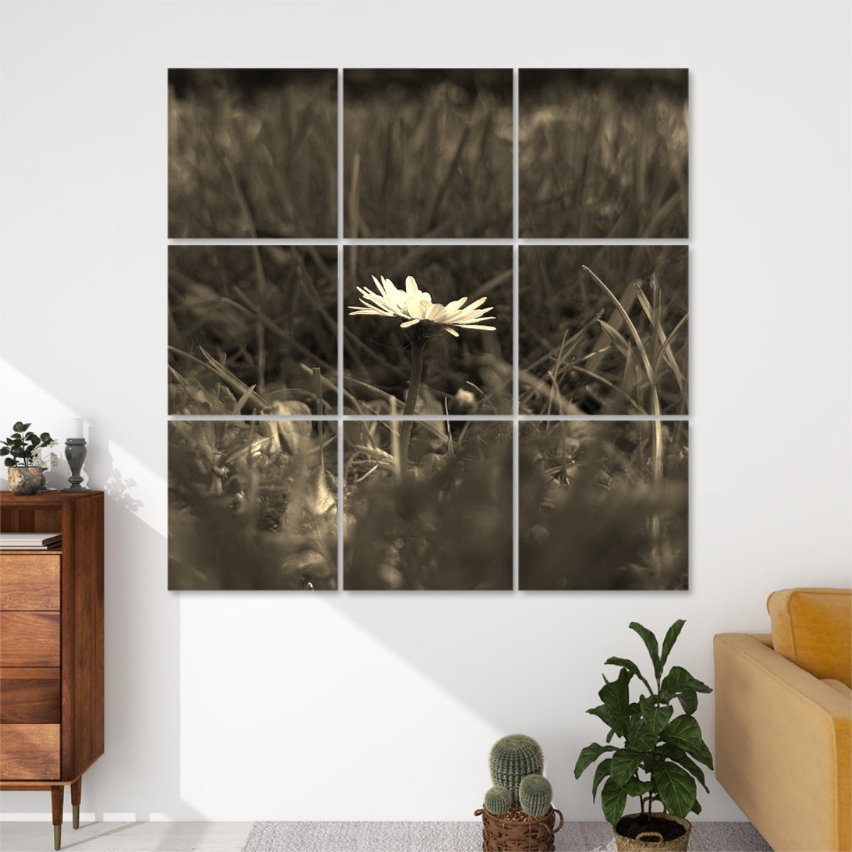 Sepia-toned daisy in soft natural surroundings with warm vintage light, divided over 9 sound absorbing wall panels.