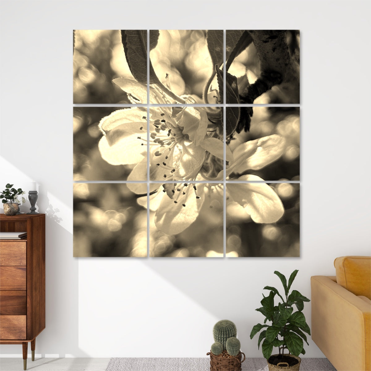 Sepia-toned floral close-up with warm highlights and soft focus, arranged across 9 decorative sound absorbing wall panels.