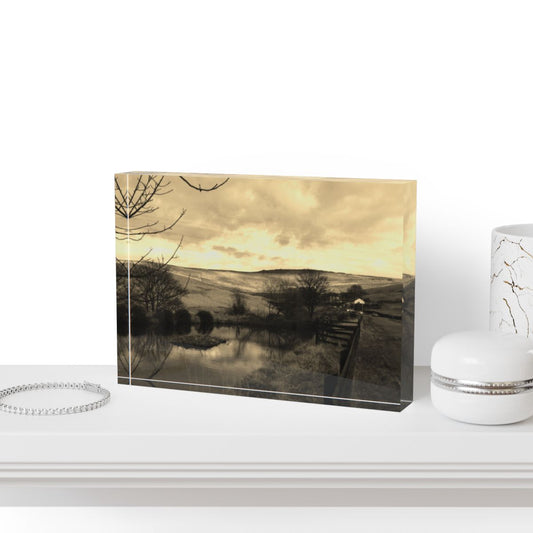Sepia-toned acrylic photo block of a quiet countryside landscape with warm, vintage colors and peaceful rural detail.