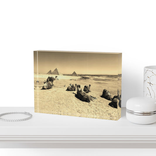 Sepia-toned acrylic photo block with camels resting in front of the pyramids, printed with vintage-inspired warmth and rich desert textures.