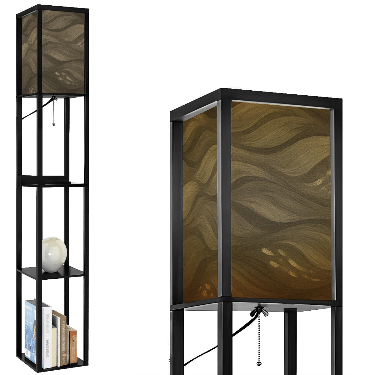 Black wood floor lamp with three open shelves for décor and books, crowned by a linen cube shade in warm sepia-toned wavy abstract pattern. A pull-chain switch and black cord extend from beneath the shade.