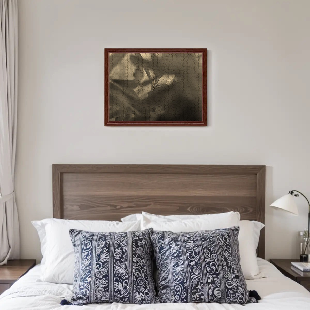 Sepia-toned puzzle of abstract red and green foliage, warm vintage photography style