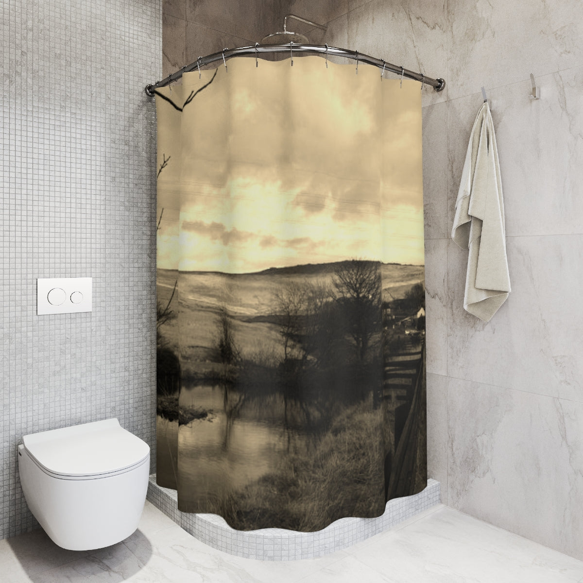 Vintage-style shower curtain featuring the British countryside with golden hills and reflective pond in warm sepia tones.