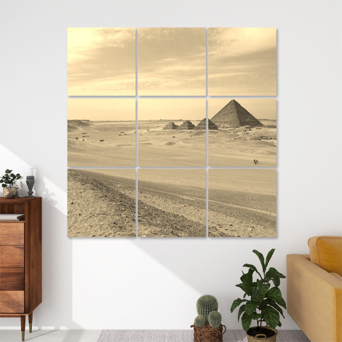 Sepia-toned acoustic wall panel set of the Pyramid of Menkaure, 9 polyester panels with vintage effect