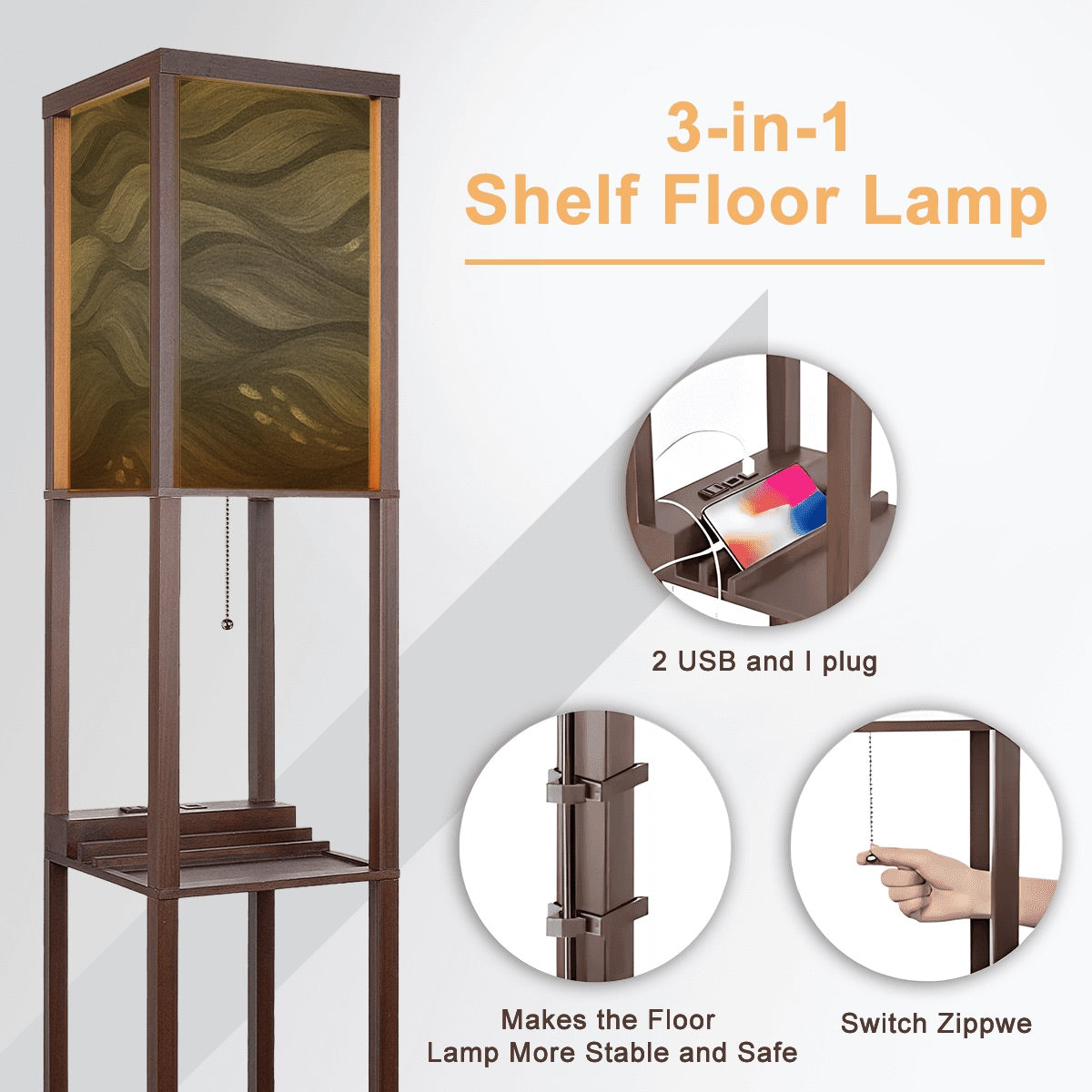 Walnut wood floor lamp with three open shelves for décor and books, crowned by a linen cube shade in warm sepia-toned wavy abstract pattern. A pull-chain switch and black cord extend from beneath the shade.